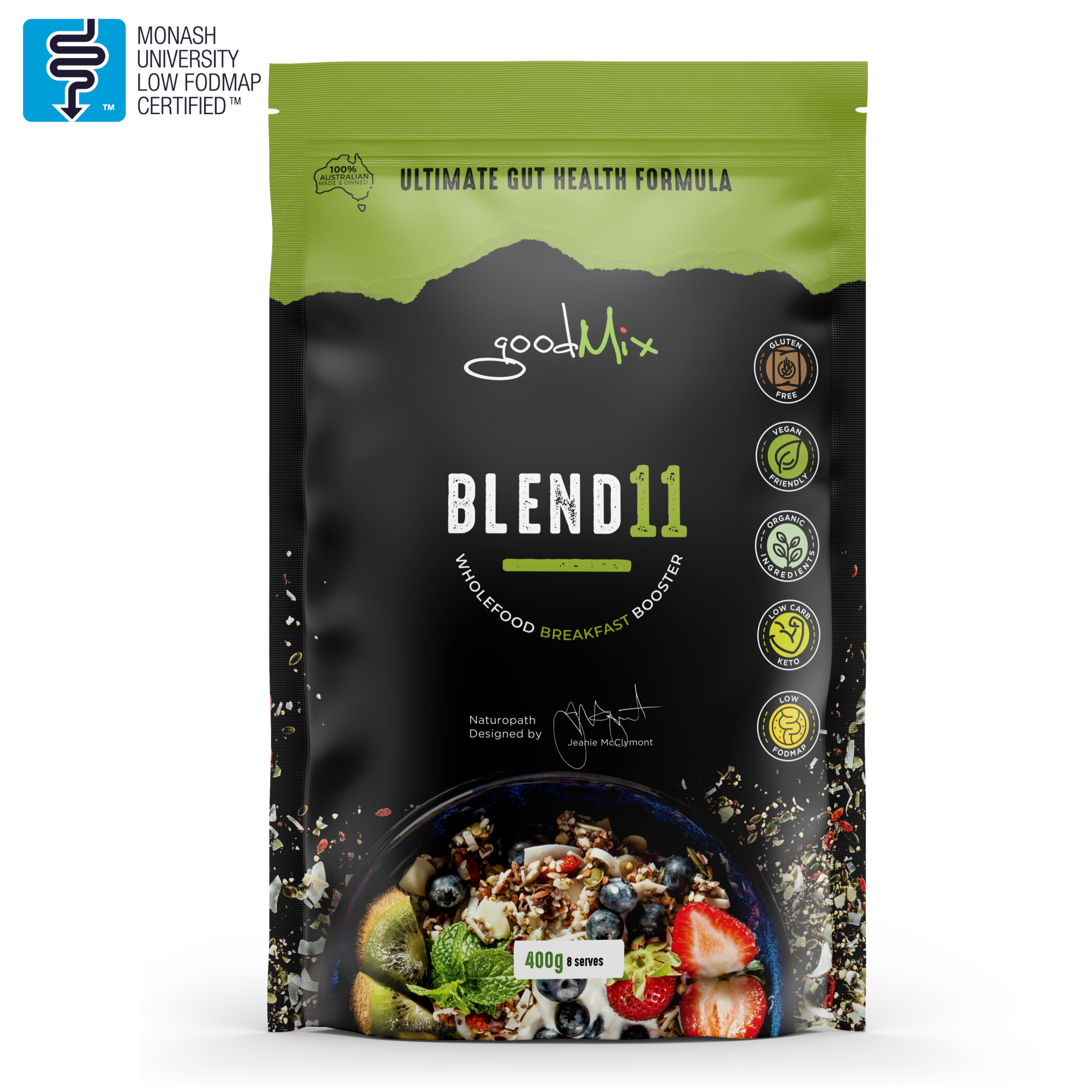 400g packaging of 'goodMix Blend 11', a low FODMAP, gluten free bircher muesli mix, featuring a picture of the muesli with fruits on the front.