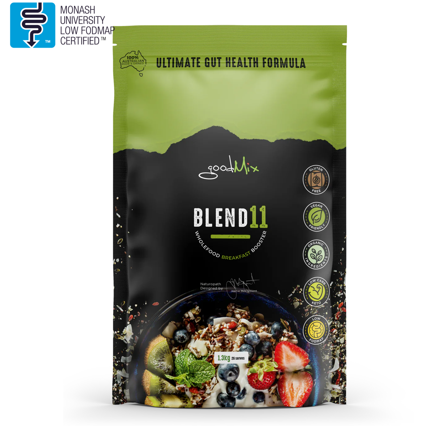 1.3kg packaging of 'goodMix Blend 11', a low FODMAP, gluten free bircher muesli mix, featuring a picture of the muesli with fruits on the front.