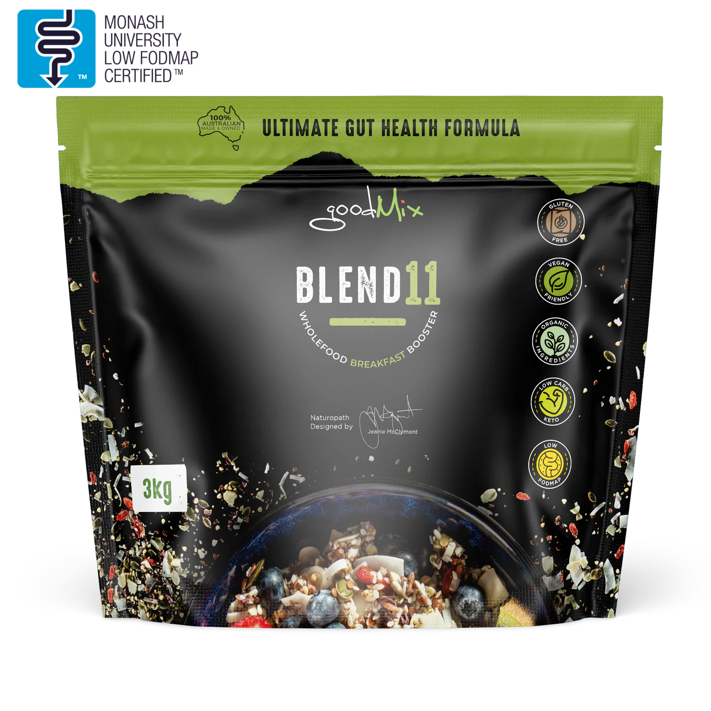 3kg packaging of 'goodMix Blend 11', a low FODMAP, gluten free bircher muesli mix, featuring a picture of the muesli with fruits on the front.
