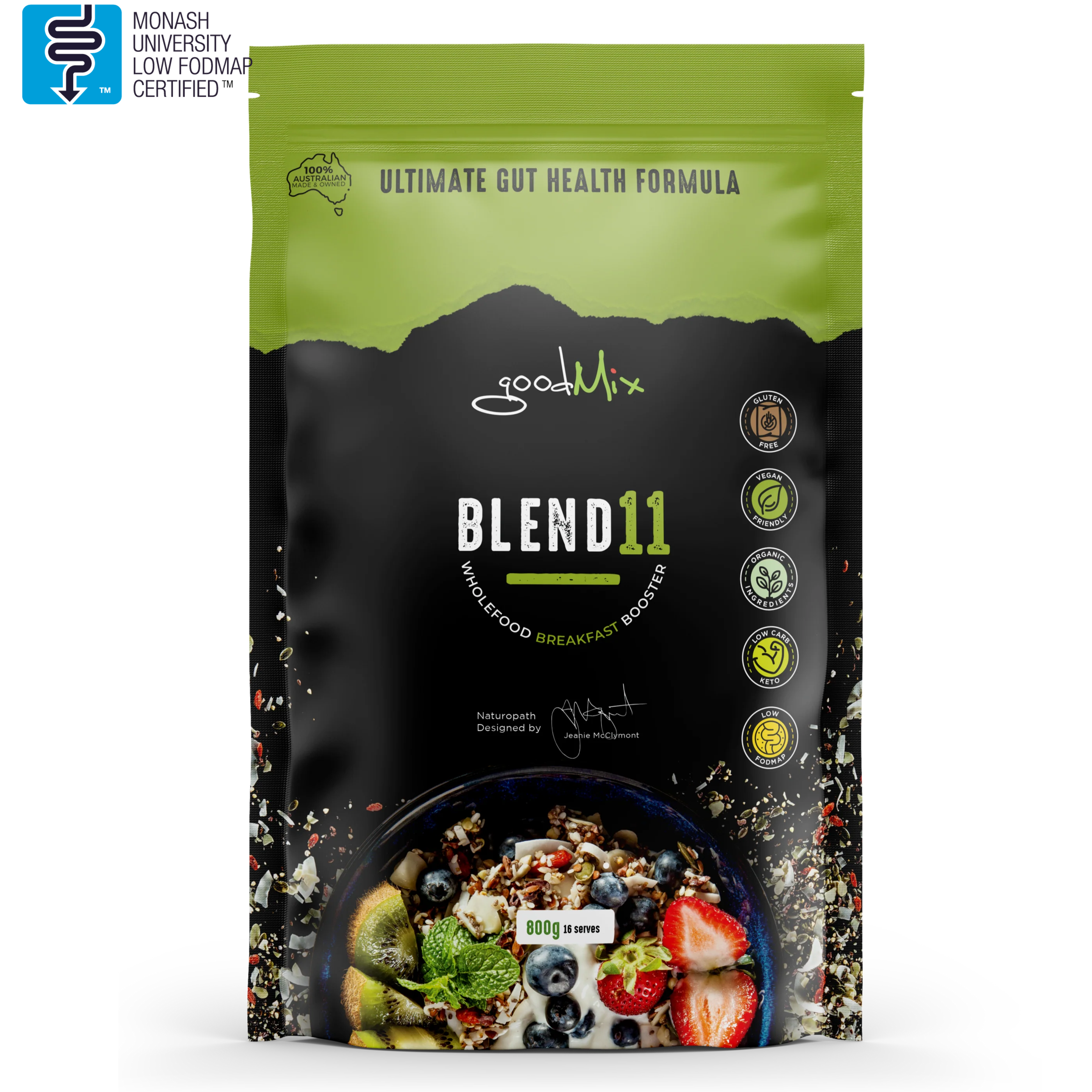 800g Packaging of 'goodMix Blend 11', a low FODMAP, gluten free bircher muesli mix, featuring a picture of the muesli with fruits on the front.