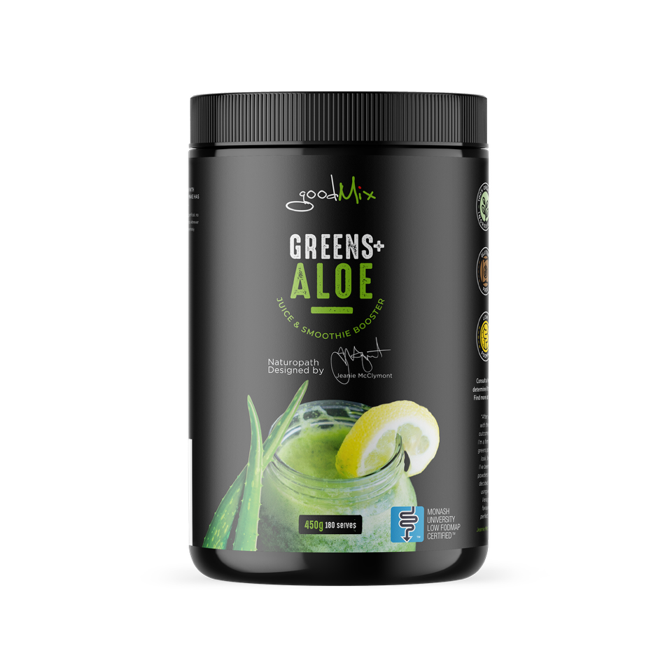 a 450g tub of Greens+Aloe by goodMix an organic super greens powder made in Australia