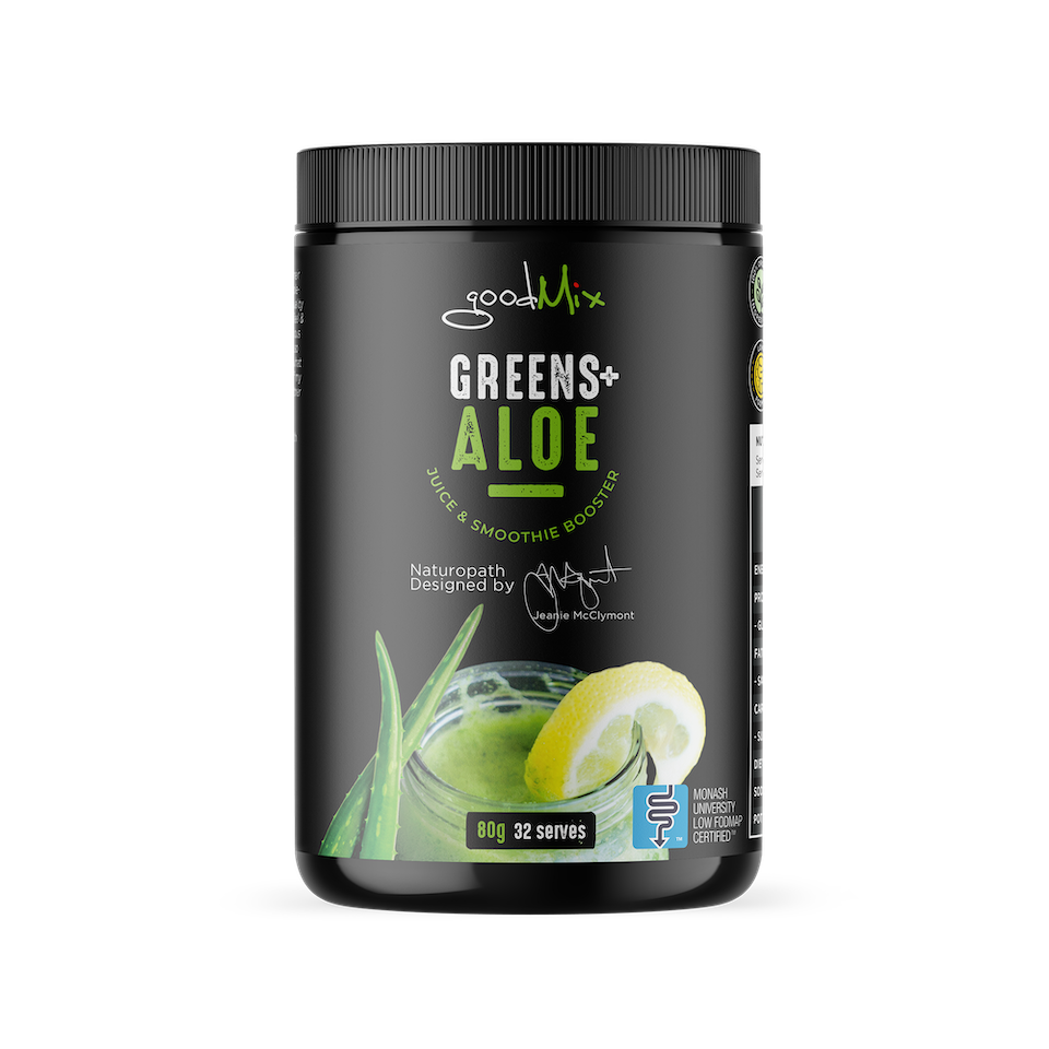80g tub of Greens+Aloe by goodMix an organic super greens powder made in Australia