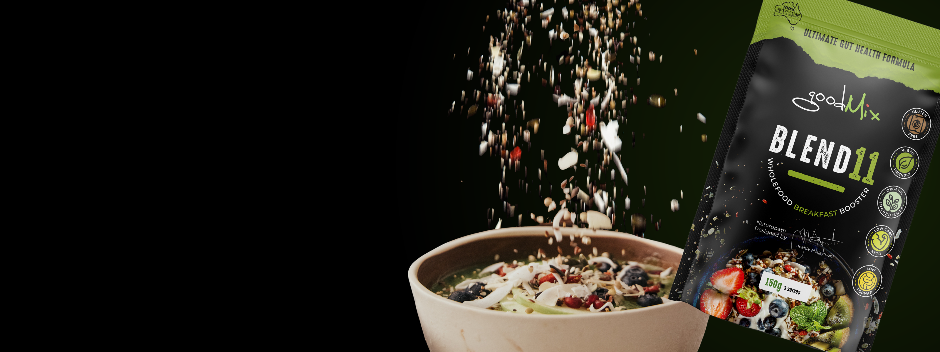 goodMix Blend 11 wholefood breakfast booster in packaging, and being poured into a bowl.